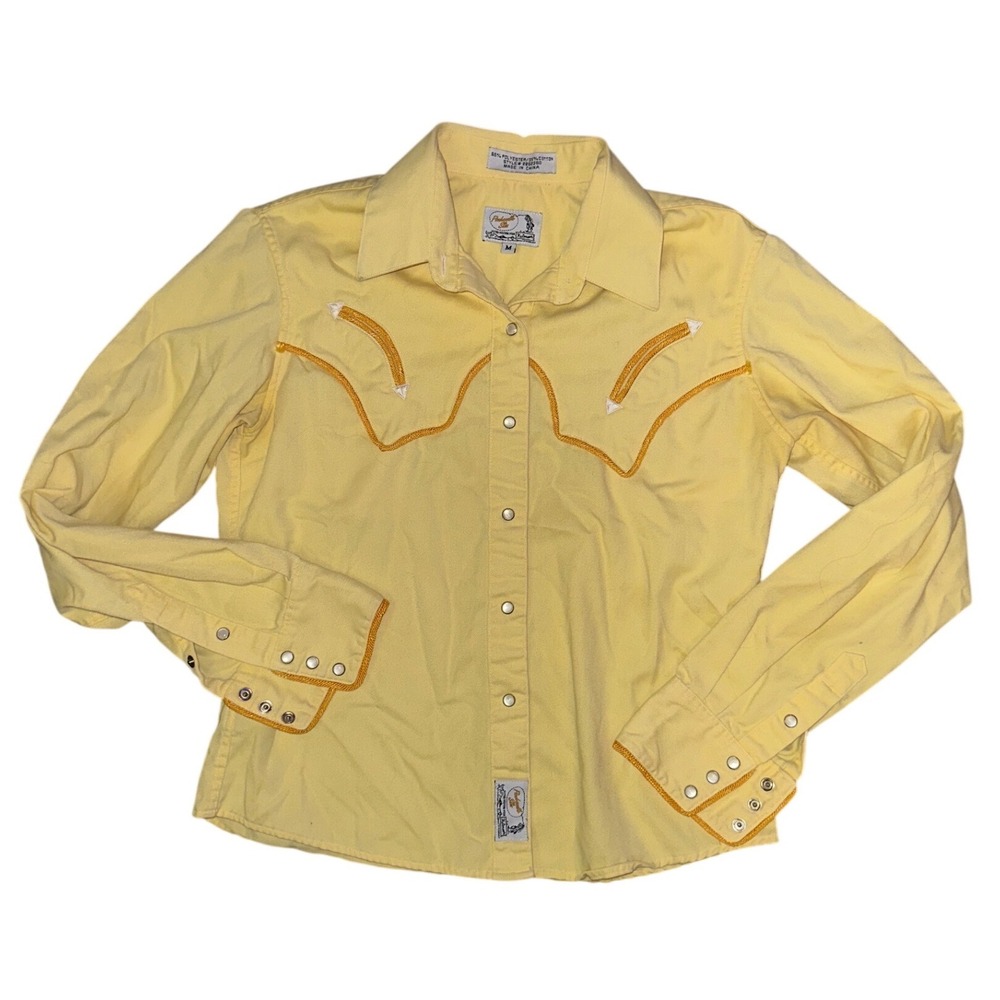 Panhandle Slim Retro Western Wear Yellow Pearl Snap Shirt Orange Piping Medium